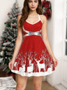 Christmas White Deer Print Suspenders Lace Up Large Skirt Midi Dresses