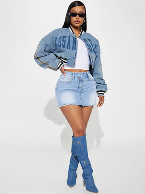 Loose Fit Baseball Jacket Letter Print Short Cut Casual Street Style Jacket