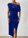 Velvet Sloping Shoulders Pleated Midi Dresses