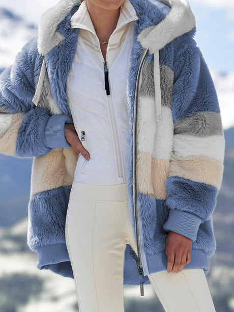 Loose Solid Color Plush Zipper Hood Color-block Jacket