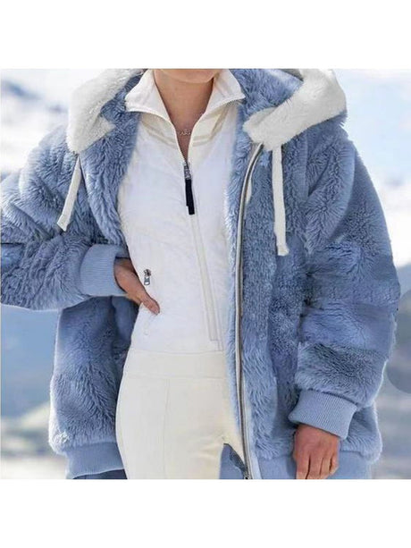 Loose Solid Color Plush Zipper Hood With Pockets Solid Color Jackets