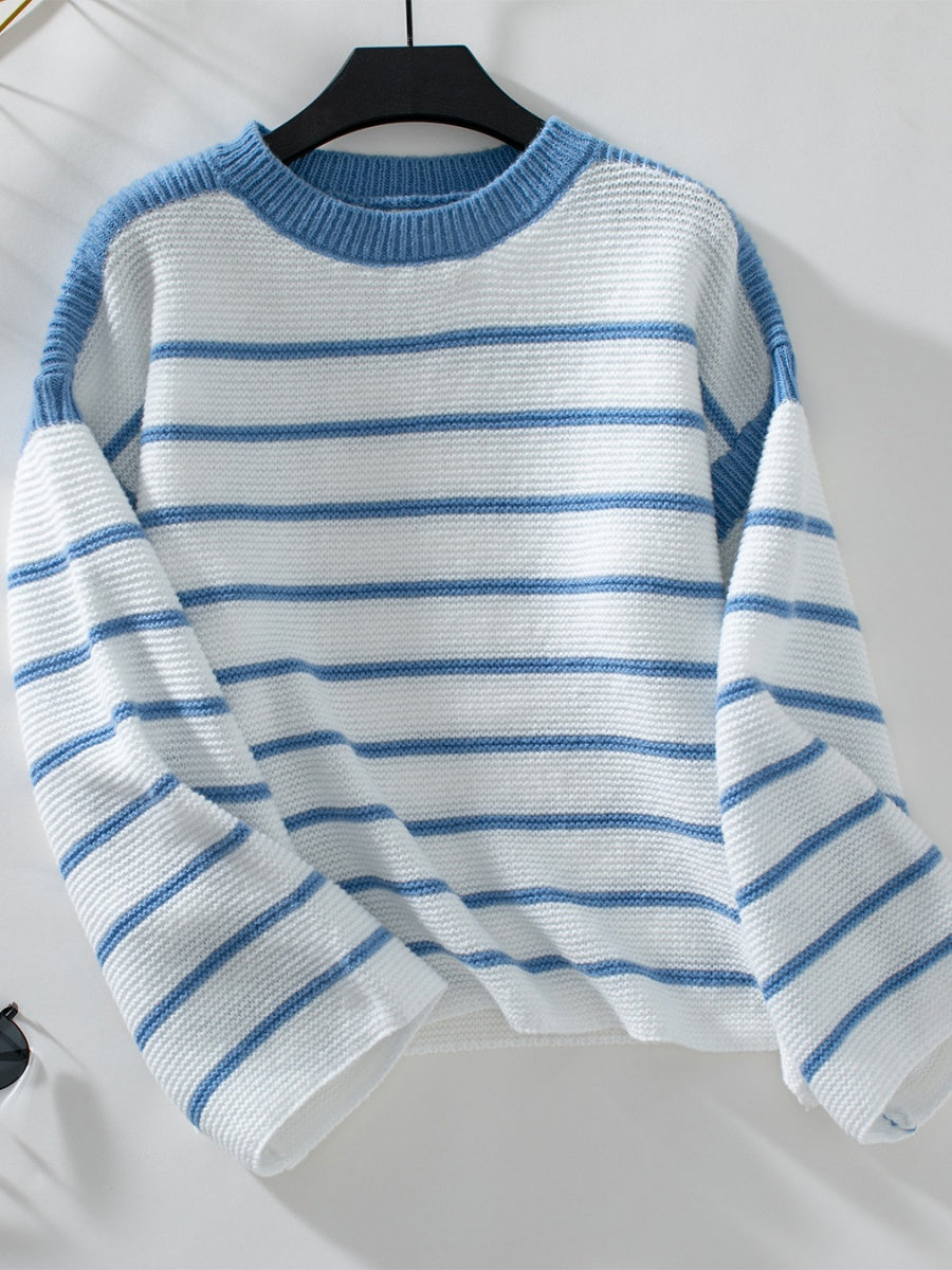 Crew Neck Loose Black And White Stripes Hood Long Sleeve Knitted Sweater