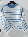 Crew Neck Loose Black And White Stripes Hood Long Sleeve Knitted Sweater