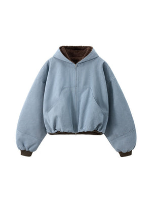 Short Plush Ins Contrasting Colors Hooded Zipper Jacket