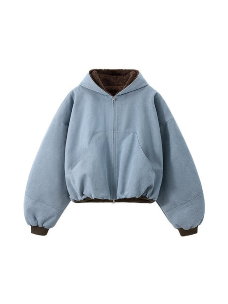 Short Plush Ins Contrasting Colors Hooded Zipper Jacket
