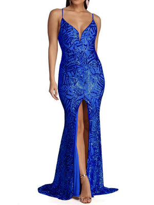 Liber Autumn women's sequins V-neck High front slit suspender long dress