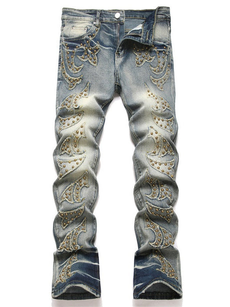 Punk Blue Slim Stretch Orange Patches Straight Flared Jeans