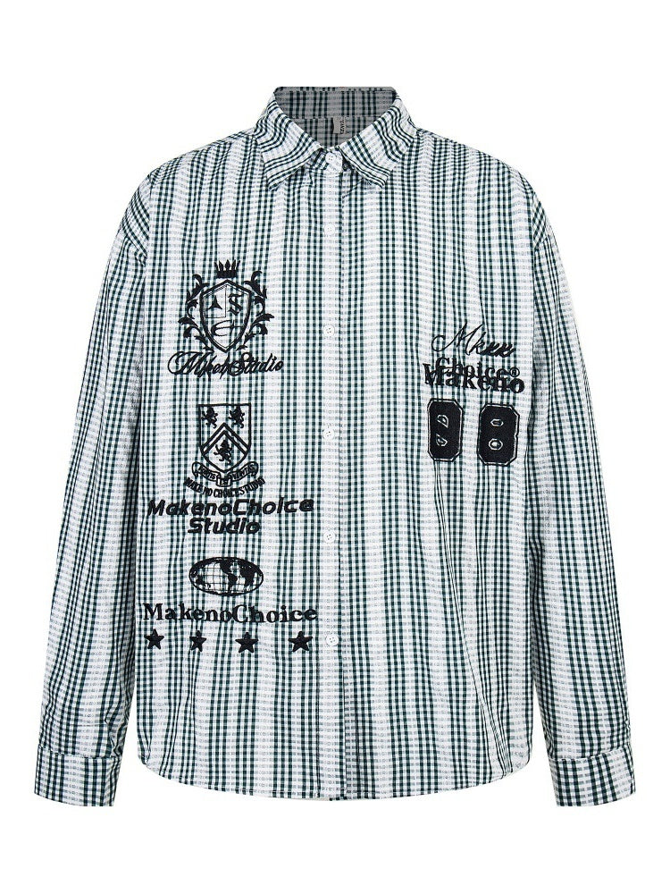 Plaid Retro Vibe Badge Embroidery Lapel Long-sleeved Shirt
