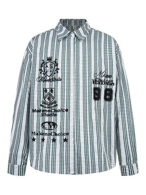 Plaid Retro Vibe Badge Embroidery Lapel Long-sleeved Shirt