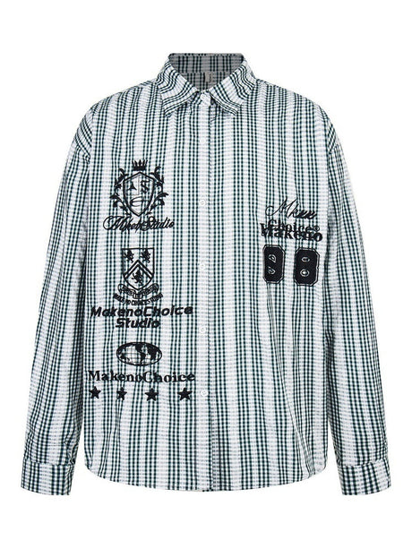 Plaid Retro Vibe Badge Embroidery Lapel Long-sleeved Shirt