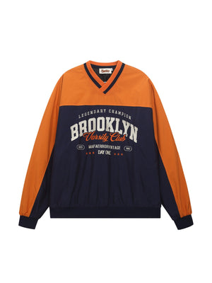 Halloween Color Contrast Splicing Letter Embroidery V-neck Loose Jersey Sweatshirt