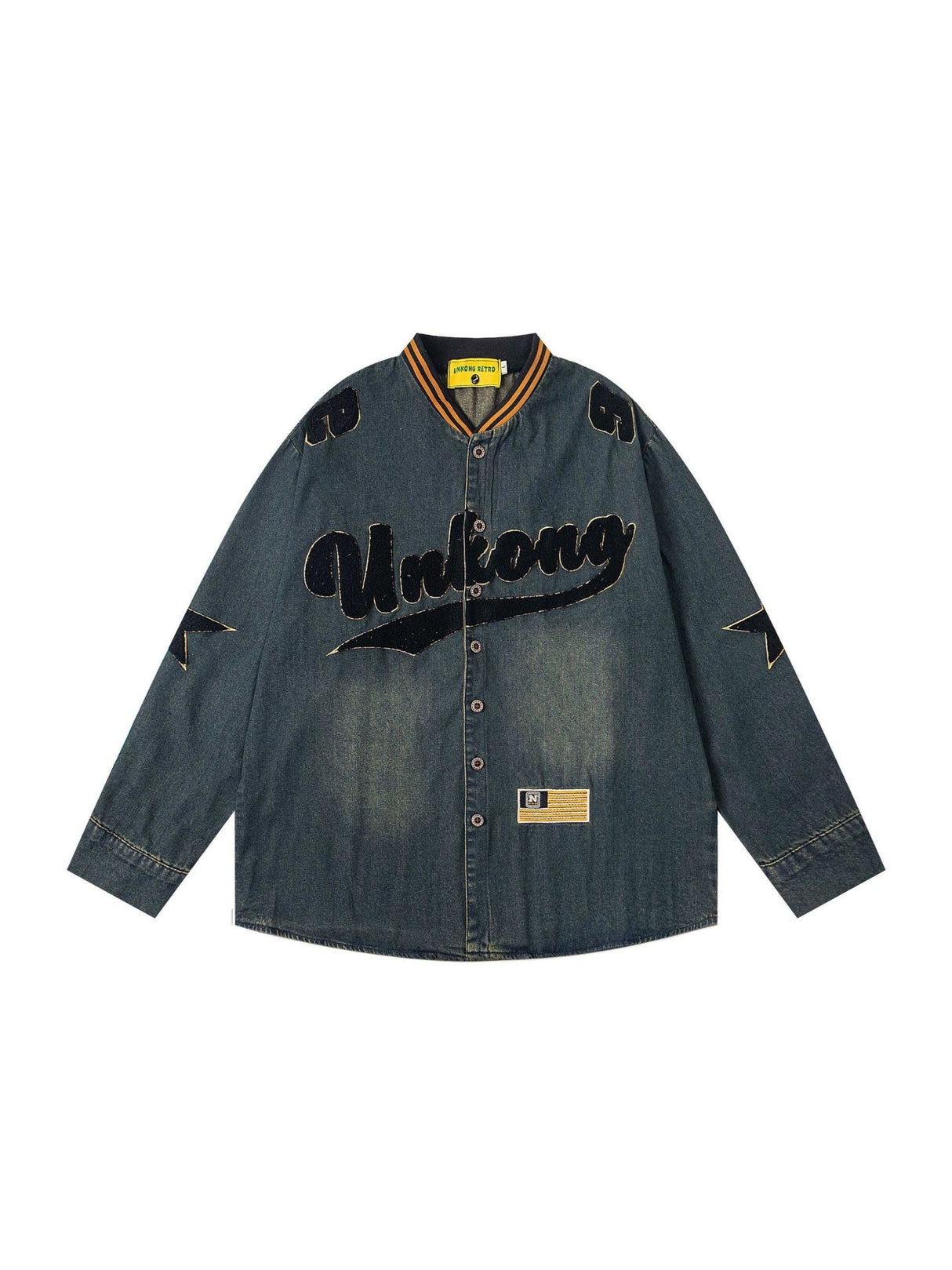 Hip Hop Washing Old Letter Embroidery Stand Collar Long-sleeved Shirt