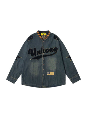 Hip Hop Washing Old Letter Embroidery Stand Collar Long-sleeved Shirt