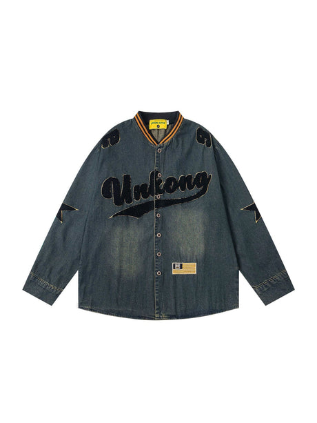 Hip Hop Washing Old Letter Embroidery Stand Collar Long-sleeved Shirt