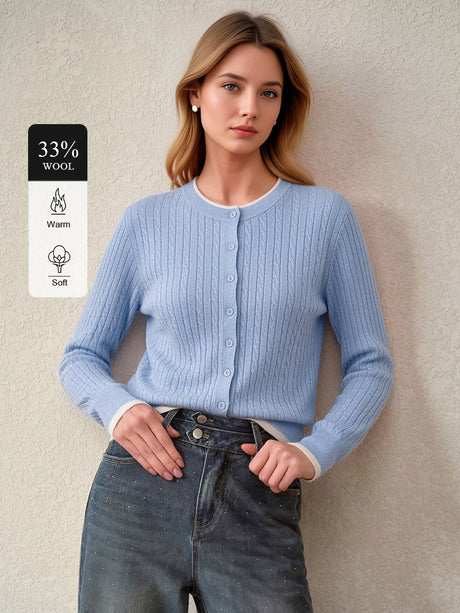 Crew Neck Striped Single-breasted Color-blocked Knit Cardigan
