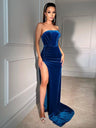 Backless Tube Top Velvet Slit Maxi Dresses