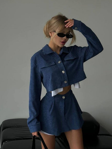 Liber Autumn women's contrasting navel-baring clothing Short Long sleeve Shirt Short skirt two-piece suit