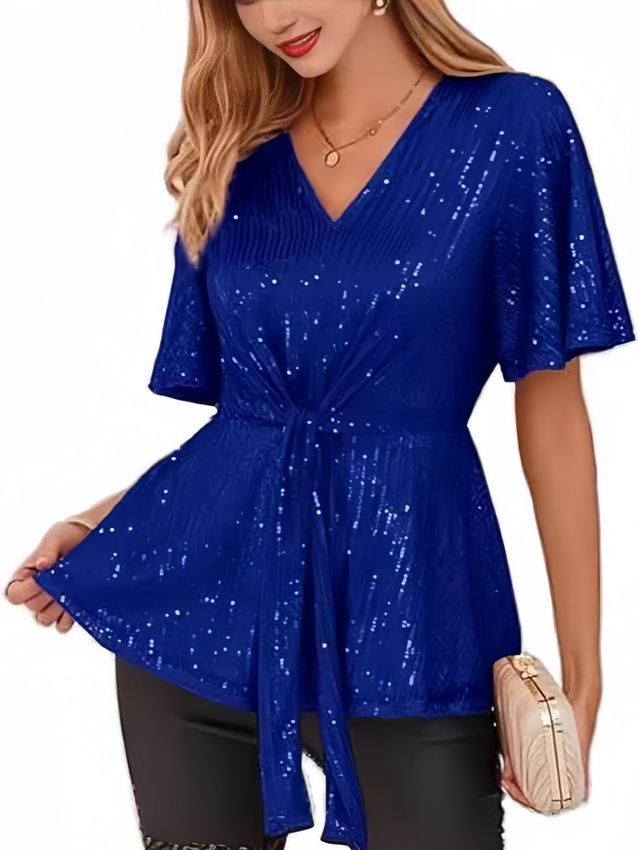 V-neck Pullover Sequins Tie-strap Mesh/see-through Top