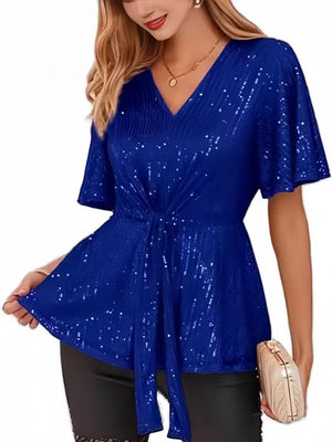 V-neck Pullover Sequins Tie-strap Mesh/see-through Top