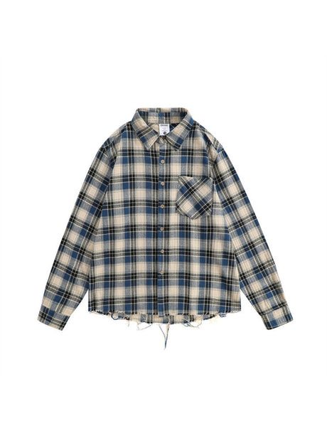 Contrasting Colors Plaid Loose Lapel Raw Edge Buttons Long-sleeved Shirt