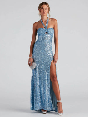 Liber Autumn women's sequins Tube top High-slit halterneck long dress