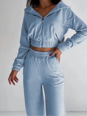 Liber Autumn women's clothing zipper Hooded long-sleeved cardigan two-piece set