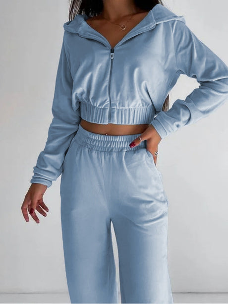 Liber Autumn women's clothing zipper Hooded long-sleeved cardigan two-piece set