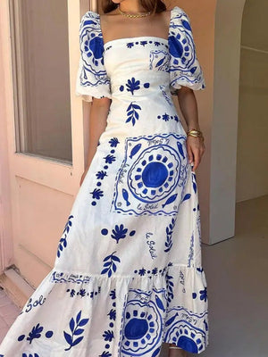 Elegant And Fashionable Printed Lantern Short Sleeves Maxi Dresses