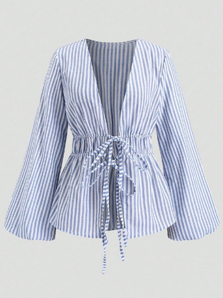Liber Summer Women's Lace up Waist Stripes Shirts