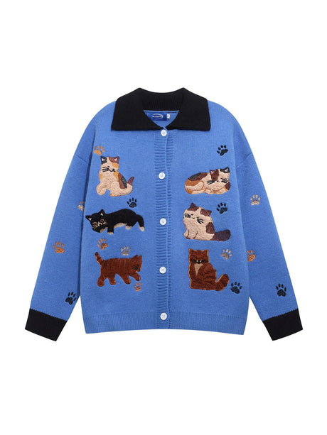 Christmas Retro Cute Cat Embroidery Lapel Sweater