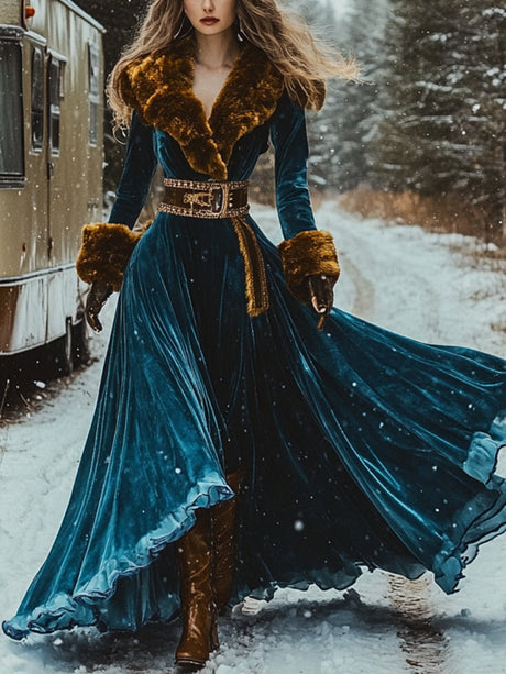 Velvet Blue Western Print Fur Collar Flannel Thickened Long Dress