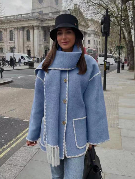 Wool Coat With Scarf And Tassels, Warm And Thick For Autumn And Winter.