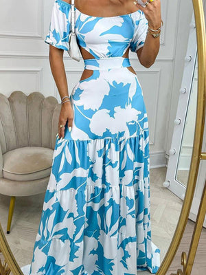 Bare Waist Printed One-shoulder Collar Maxi Dresses