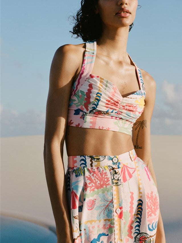 Liber Summer Women's Beach Print V-Neck Sleeveless Two-Piece Suit