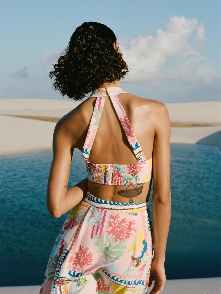 Liber Summer Women's Beach Print V-Neck Sleeveless Two-Piece Suit