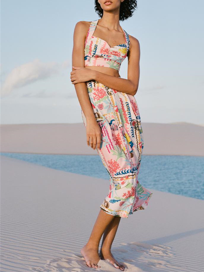 Liber Summer Women's Beach Print V-Neck Sleeveless Two-Piece Suit