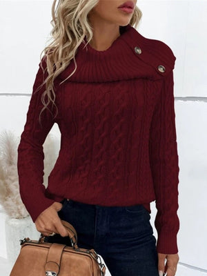 Turtleneck Buttons Raglan Sleeves Sweaters