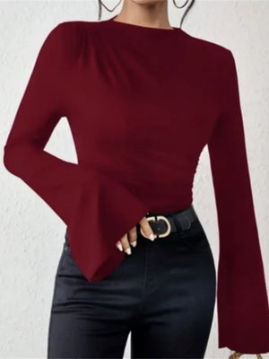 Bell Sleeves Stand-up Collar Long-sleeved T-shirt