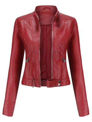 Three-dimensional Decoration Short Stand Collar Zippered Leather Jacket