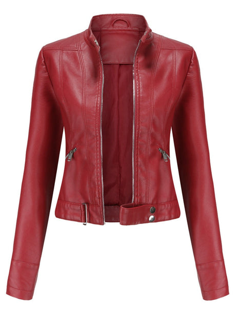 Three-dimensional Decoration Short Stand Collar Zippered Leather Jacket