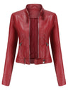 Three-dimensional Decoration Short Stand Collar Zippered Leather Jacket