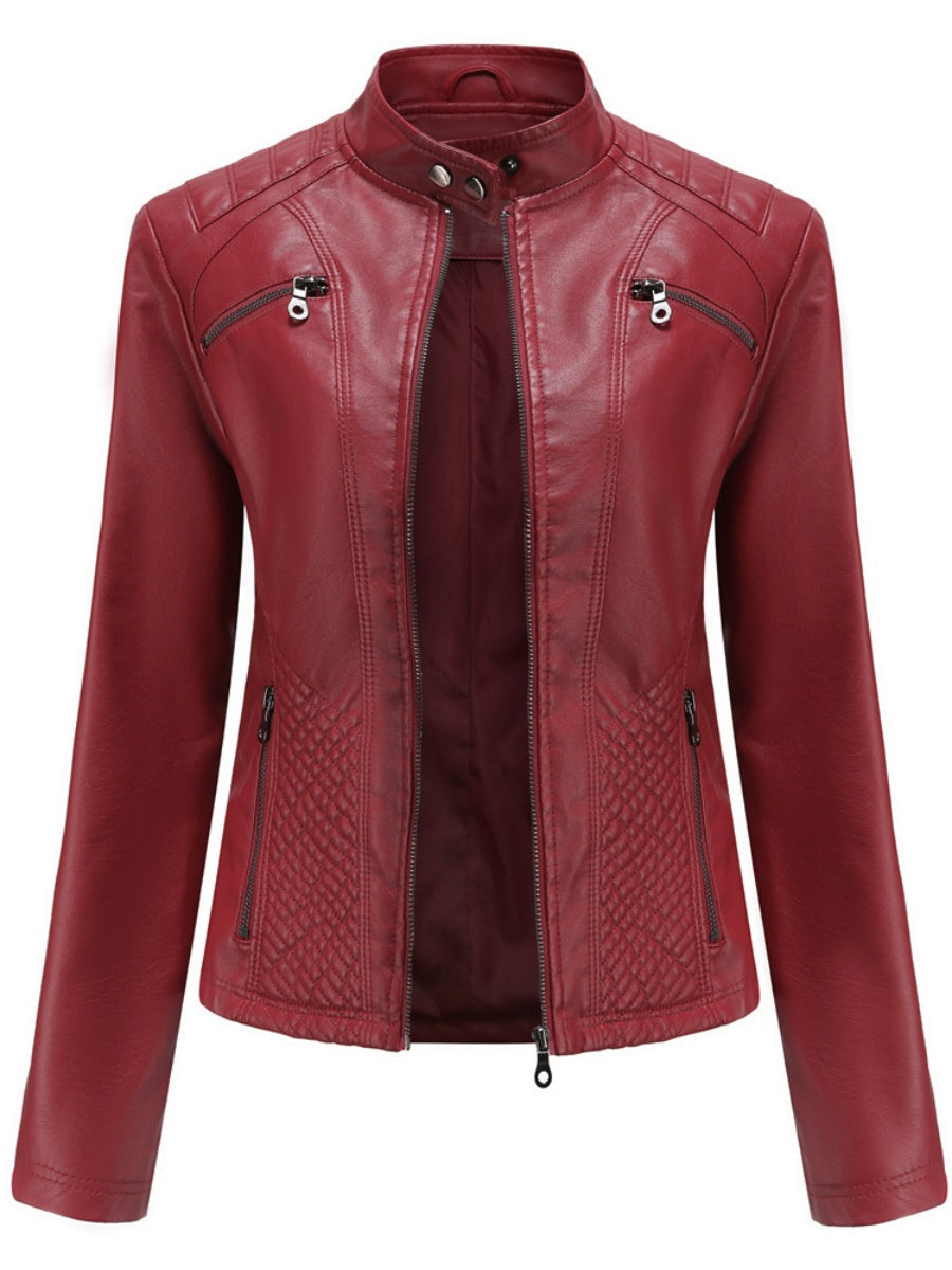 Three-dimensional Decoration Stand Collar Slim Fit Leather Jacket