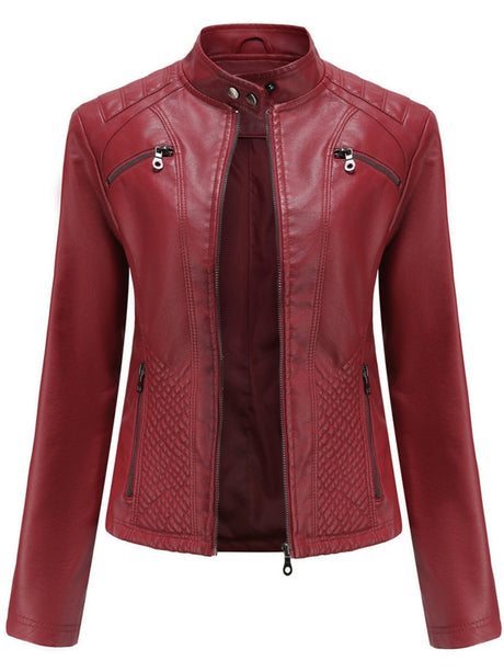 Three-dimensional Decoration Stand Collar Slim Fit Leather Jacket