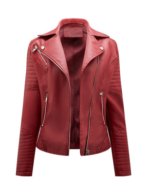 Three-dimensional Decoration Lapel Diagonal Zipper Short Leather Jacket
