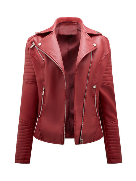Three-dimensional Decoration Lapel Diagonal Zipper Short Leather Jacket