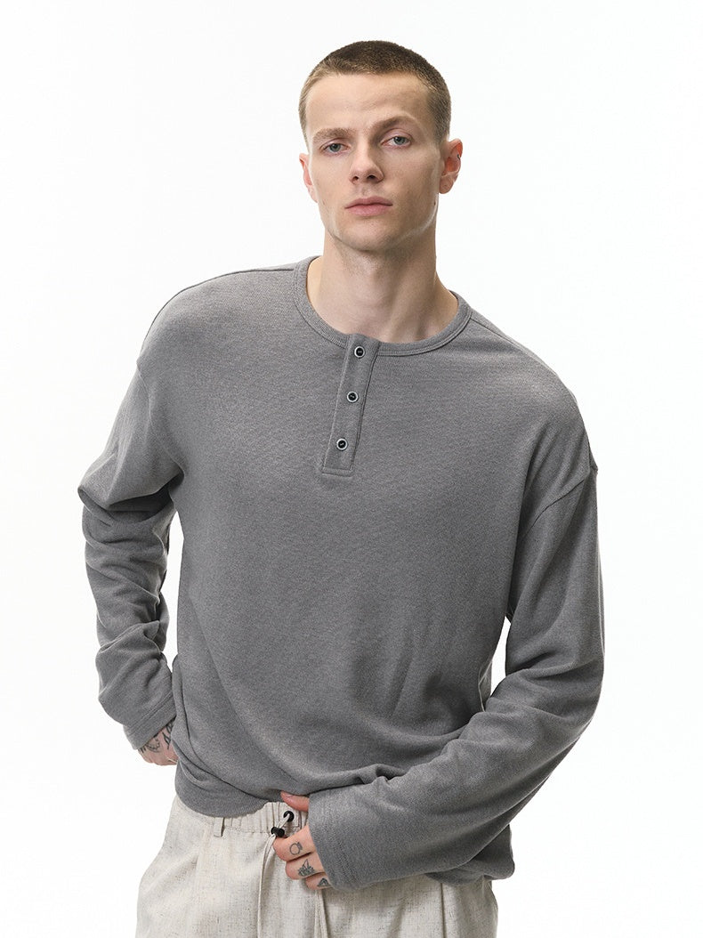 Liber Autumn Neutral wear Henry Collar Solid Color T-shirts