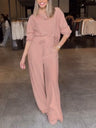 Blended Loose Jacquard Stand Collar Long Sleeves Two-piece Straight-leg Trousers