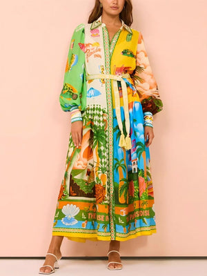 Fashion Printed Lantern Sleeves Belt Waist Maxi Dresses