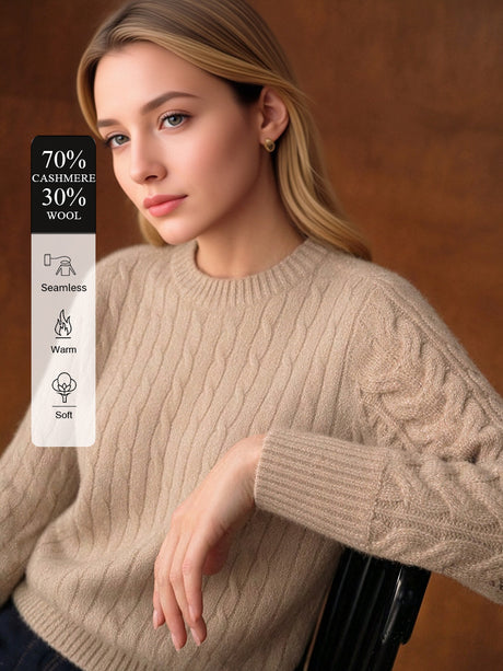 Cashmere And Wool Seamless Crew Neck Long-sleeved Knitted Pullover Sweater