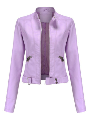 Three-dimensional Decoration Short Stand Collar Zippered Leather Jacket